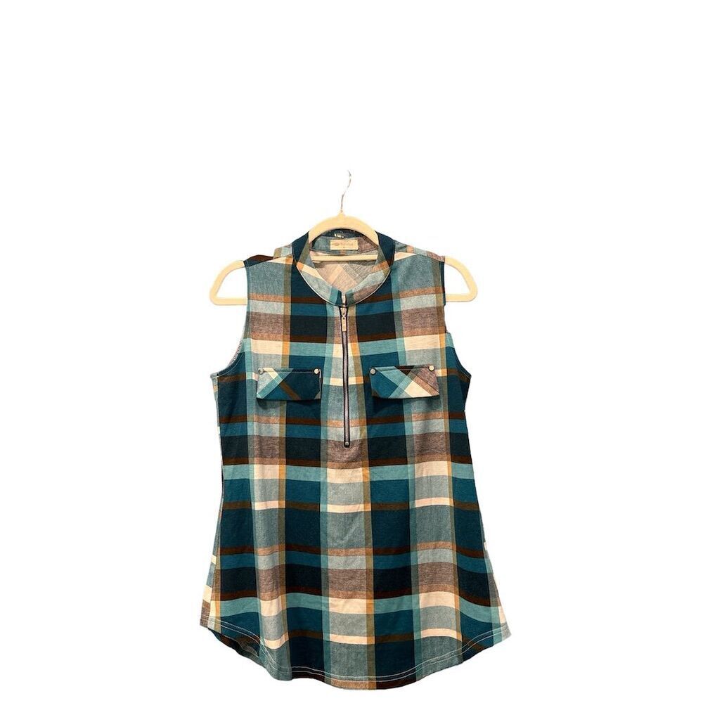 Bulotus Women's Plaid Sleeveless Zip-Up Tunic Top Multicolor Size M